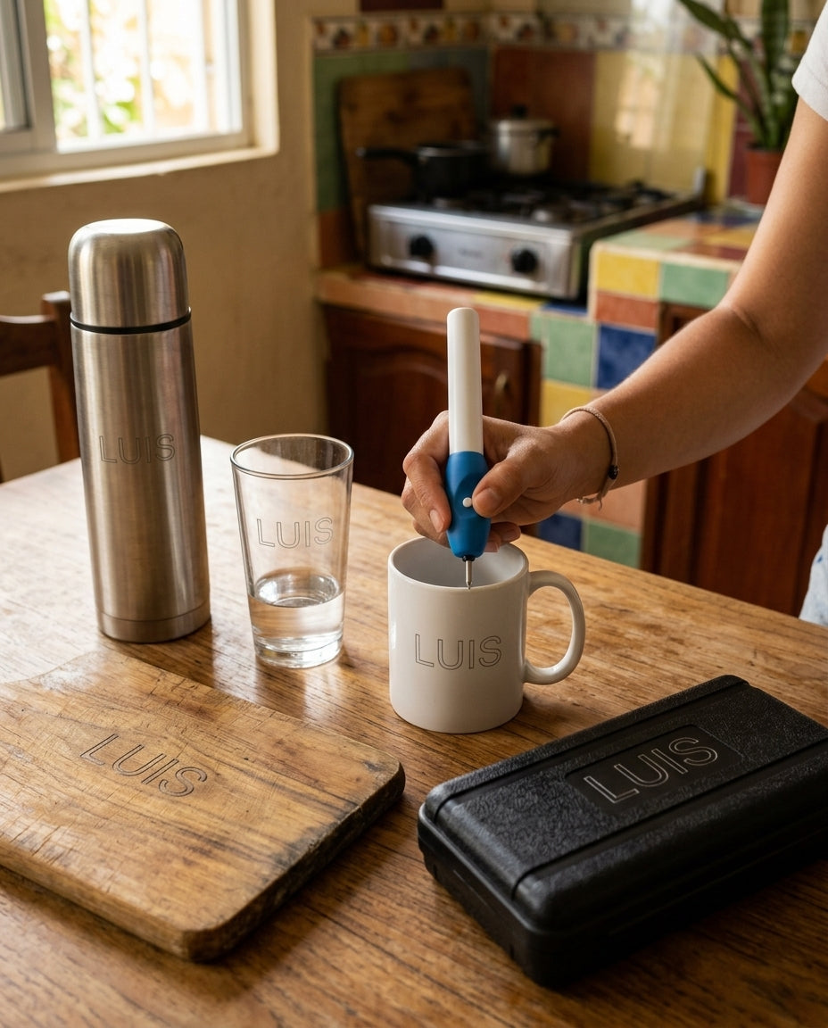 Los vasos, termos y ollas de la casa, cada uno con su nombre