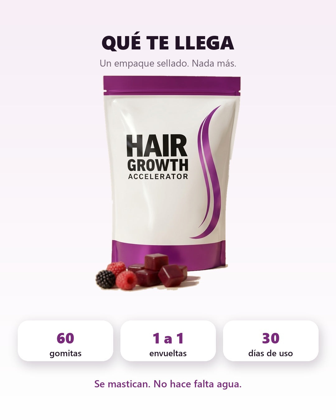 Un empaque sellado con 60 gomitas envueltas una a una