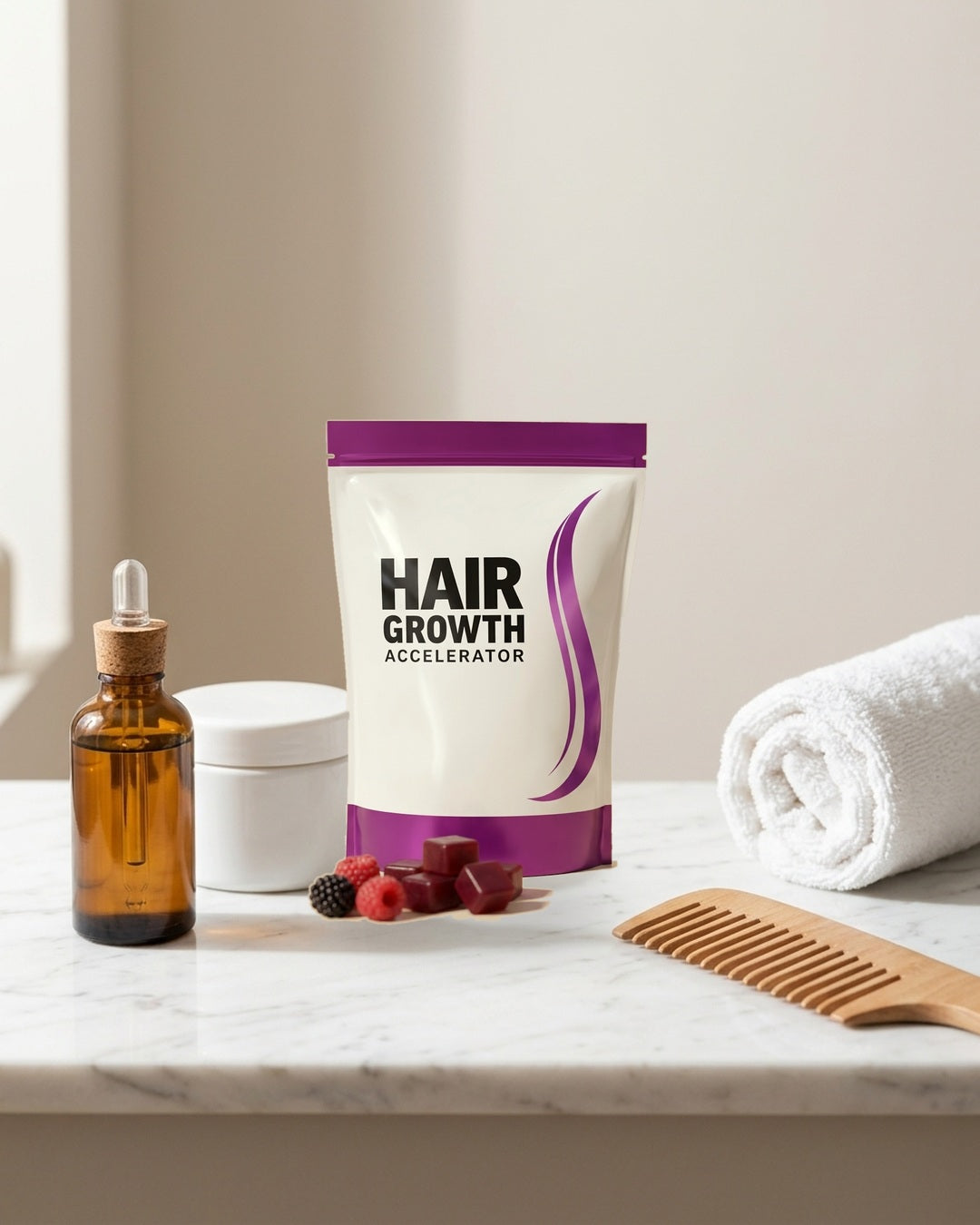 El empaque junto al aceite, la mascarilla y el peine en el baño